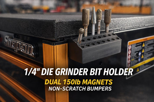 Magnetic Die Grinder Bit Holder, 1/4" Shank Organizer, Dual 150lb Magnets, Non-Scratch Bumpers