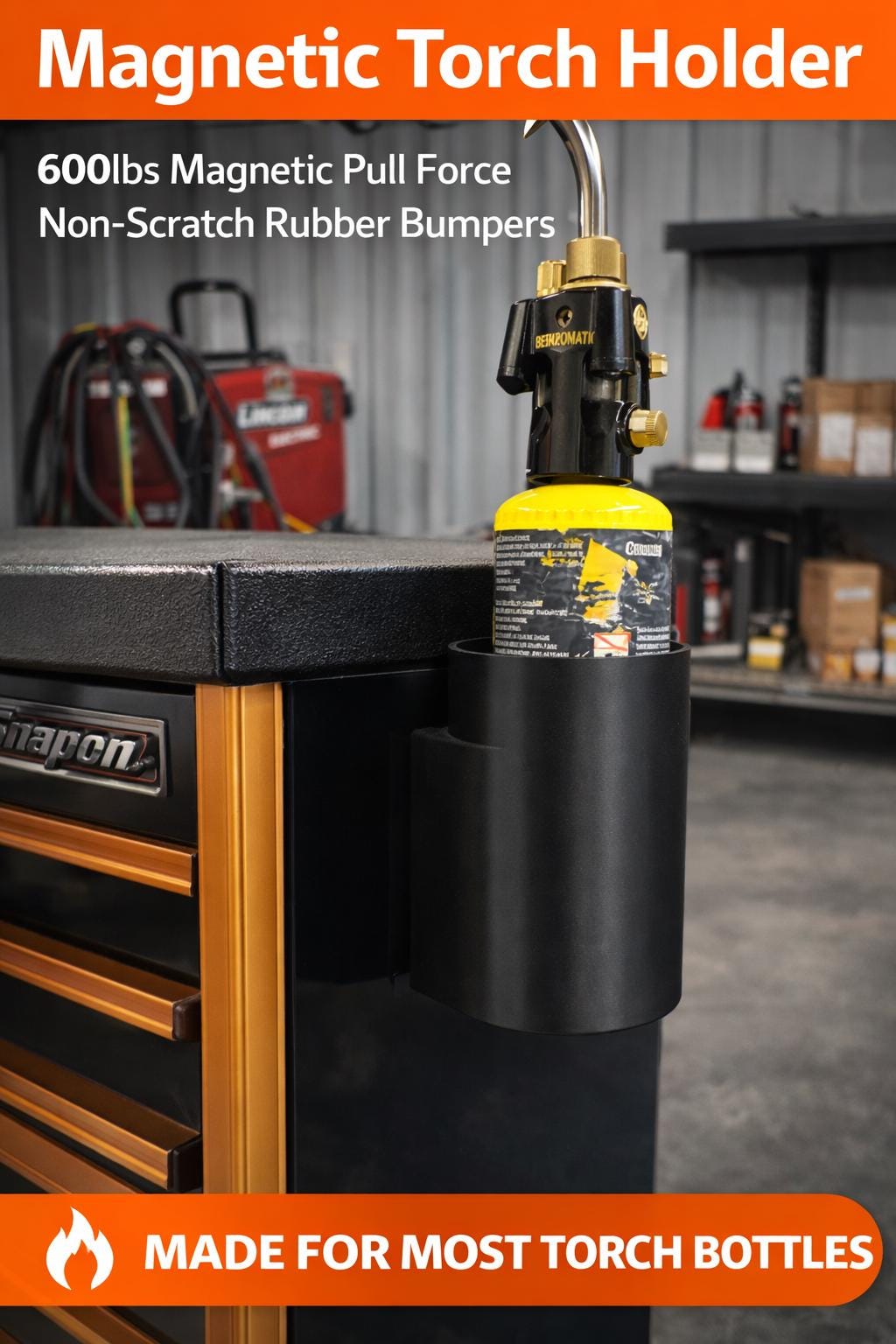 Magnetic Torch Holder for Propane Torch - 600 lb Pull Force - Non-Scratch Rubber Bumpers - Heavy Duty Toolbox Torch Mount