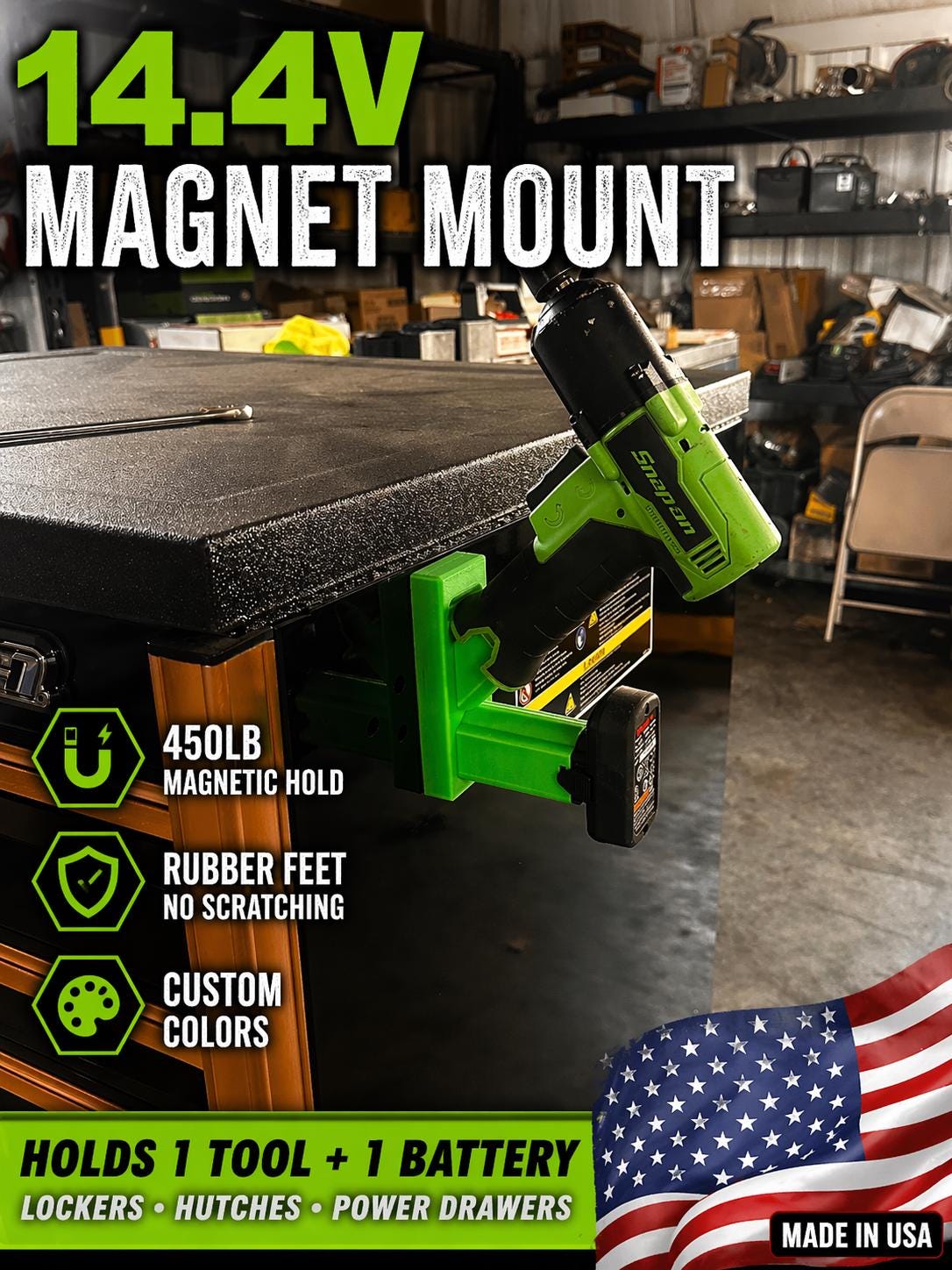 Magnetic Snap-On 14.4V Tool / Battery Holder | 450lb Magnet Force | Locker, Hutch & Power Drawer Mount | Custom Colors Available