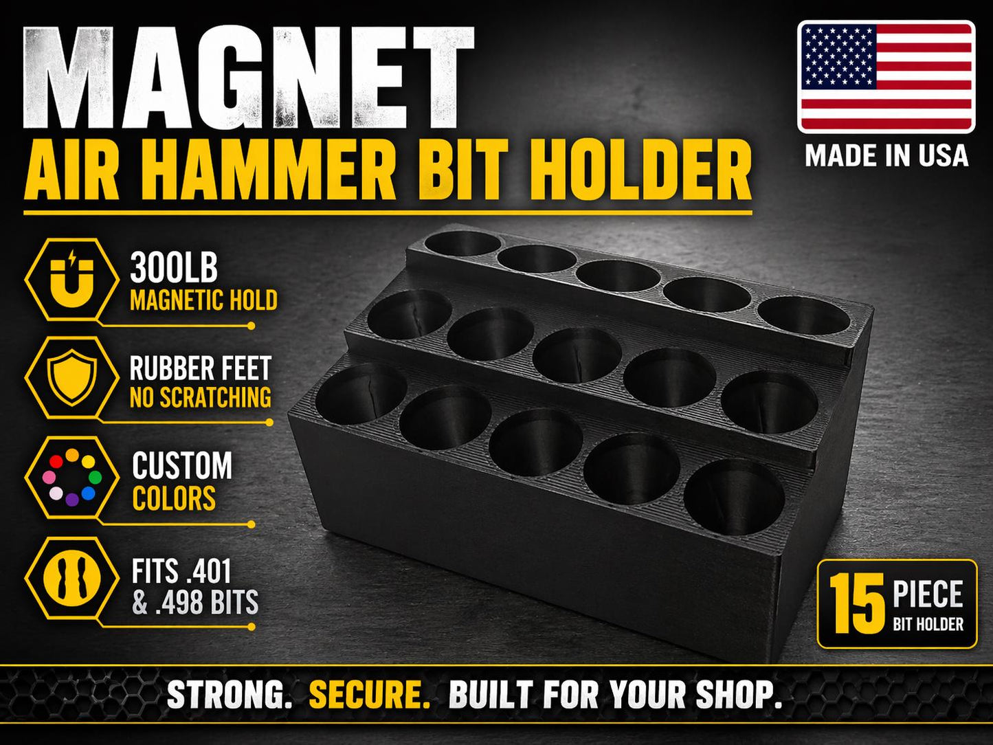 Air Hammer Bit Holder: 15-Piece, 300LB Magnet, Toolbox Organizer .401 or .498 available.